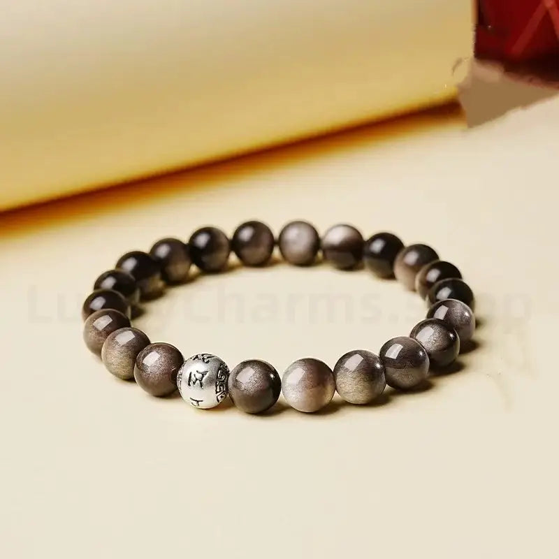 Natural Silver Obsidian Six-Syllable Mantra Silver Bead Lucky Men's Bracelet-LuckyCharms.Shop