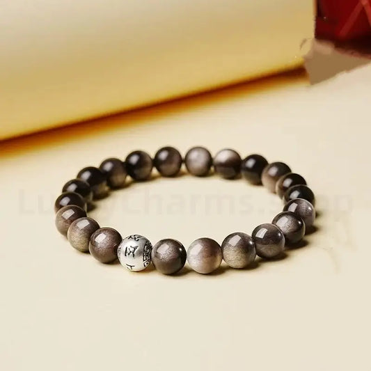 Natural Silver Obsidian Six-Syllable Mantra Silver Bead Lucky Men's Bracelet-LuckyCharms.Shop