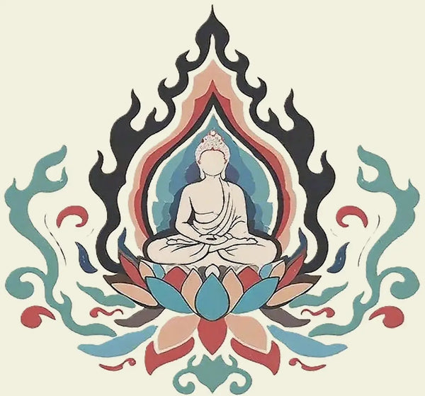 Decorative design of a meditating Buddha figure surrounded by colorful flames and lotus flowers on a beige background.