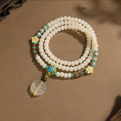 Wutai Mountain 108 White Jade Star Moon Bodhi Bracelet with White Crystal Pendant-LuckyCharms.Shop