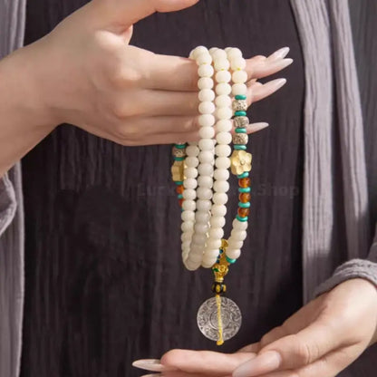 Wutai Mountain 108 White Jade Star Moon Bodhi Bracelet with White Crystal Pendant-LuckyCharms.Shop