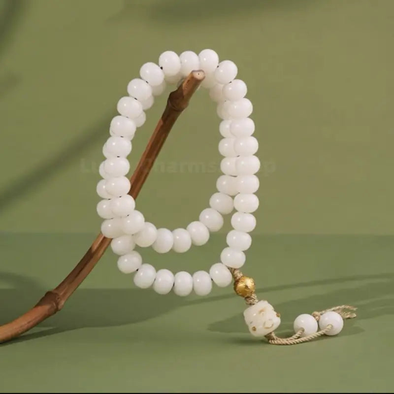 Potala Palace Enpowered 925 Silver Gold-plated Six-Syllable Mantra Luck-Transforming Bead Bracelet | Natural White Jade Bodhi Mala-LuckyCharms.Shop