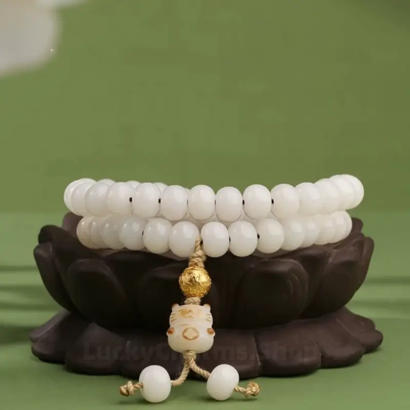 Potala Palace Enpowered 925 Silver Gold-plated Six-Syllable Mantra Luck-Transforming Bead Bracelet | Natural White Jade Bodhi Mala-LuckyCharms.Shop