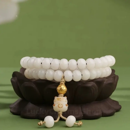 Potala Palace Enpowered 925 Silver Gold-plated Six-Syllable Mantra Luck-Transforming Bead Bracelet | Natural White Jade Bodhi Mala-LuckyCharms.Shop