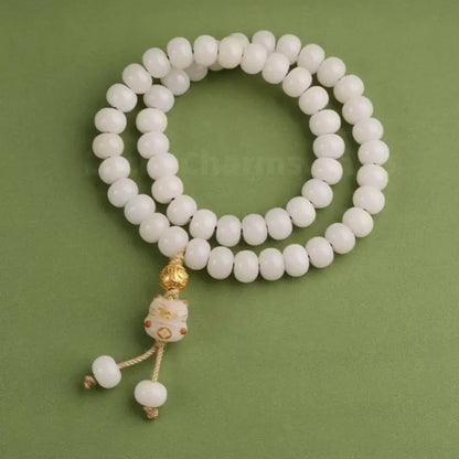Potala Palace Enpowered 925 Silver Gold-plated Six-Syllable Mantra Luck-Transforming Bead Bracelet | Natural White Jade Bodhi Mala-LuckyCharms.Shop