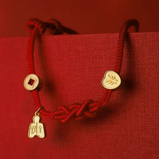 24K Gold-Plated All Things Auspicious Red Bracelet | Promotion Blessing Jewelry-LuckyCharms.Shop