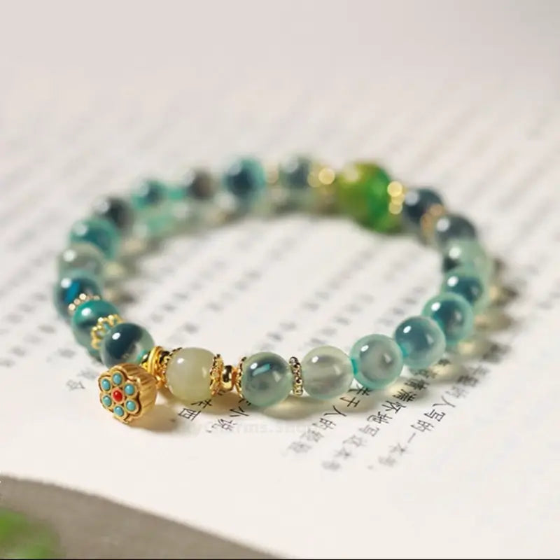 Dunhuang Good Fortune Linked Green Honey Agate Bracelet | Natural Stone Oriental Jewelry-LuckyCharms.Shop