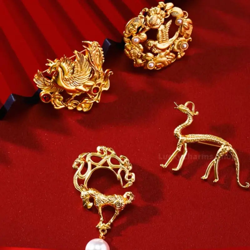 Shaanxi History Museum Gilded Brooch | Cultural Relic Inspired, Auspicious Meaning, Safety Lock - Gift & Daily Wear-LuckyCharms.Shop