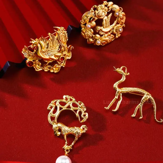 Shaanxi History Museum Gilded Brooch | Cultural Relic Inspired, Auspicious Meaning, Safety Lock - Gift & Daily Wear-LuckyCharms.Shop