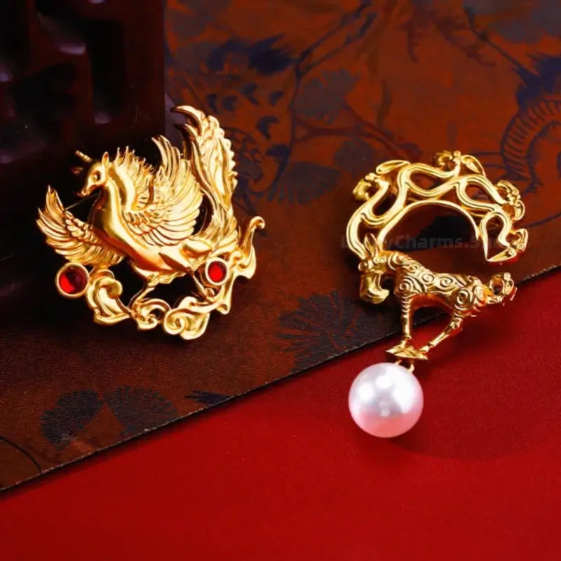 Shaanxi History Museum Gilded Brooch | Cultural Relic Inspired, Auspicious Meaning, Safety Lock - Gift & Daily Wear-LuckyCharms.Shop