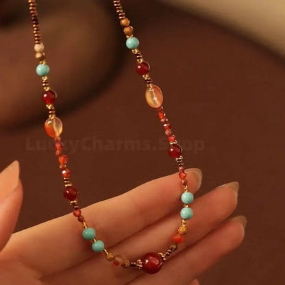 Neo-Chinese Natural Red Agate & Turquoise Multi-Way Luck Beaded Necklace-LuckyCharms.Shop