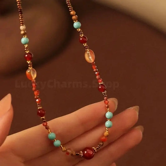Neo-Chinese Natural Red Agate & Turquoise Multi-Way Luck Beaded Necklace-LuckyCharms.Shop