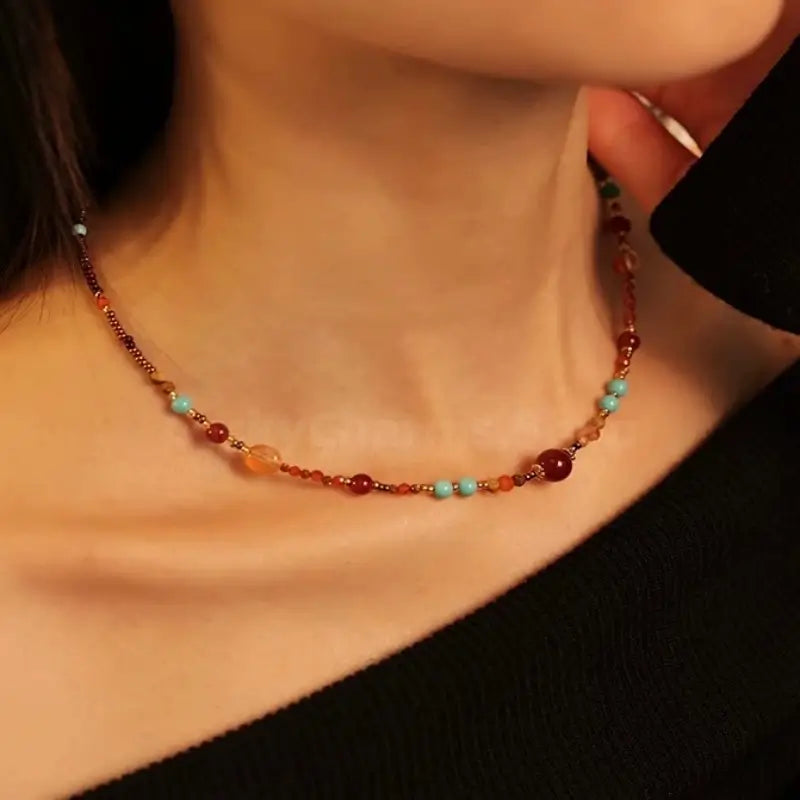 Neo-Chinese Natural Red Agate & Turquoise Multi-Way Luck Beaded Necklace-LuckyCharms.Shop