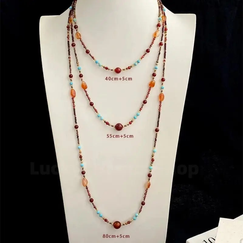 Neo-Chinese Natural Red Agate & Turquoise Multi-Way Luck Beaded Necklace-LuckyCharms.Shop