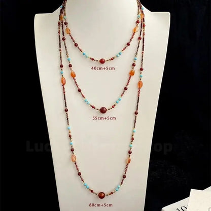 Neo-Chinese Natural Red Agate & Turquoise Multi-Way Luck Beaded Necklace-LuckyCharms.Shop