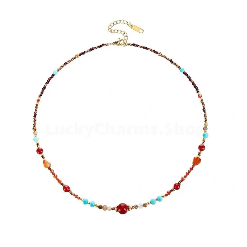 Neo-Chinese Natural Red Agate & Turquoise Multi-Way Luck Beaded Necklace-LuckyCharms.Shop