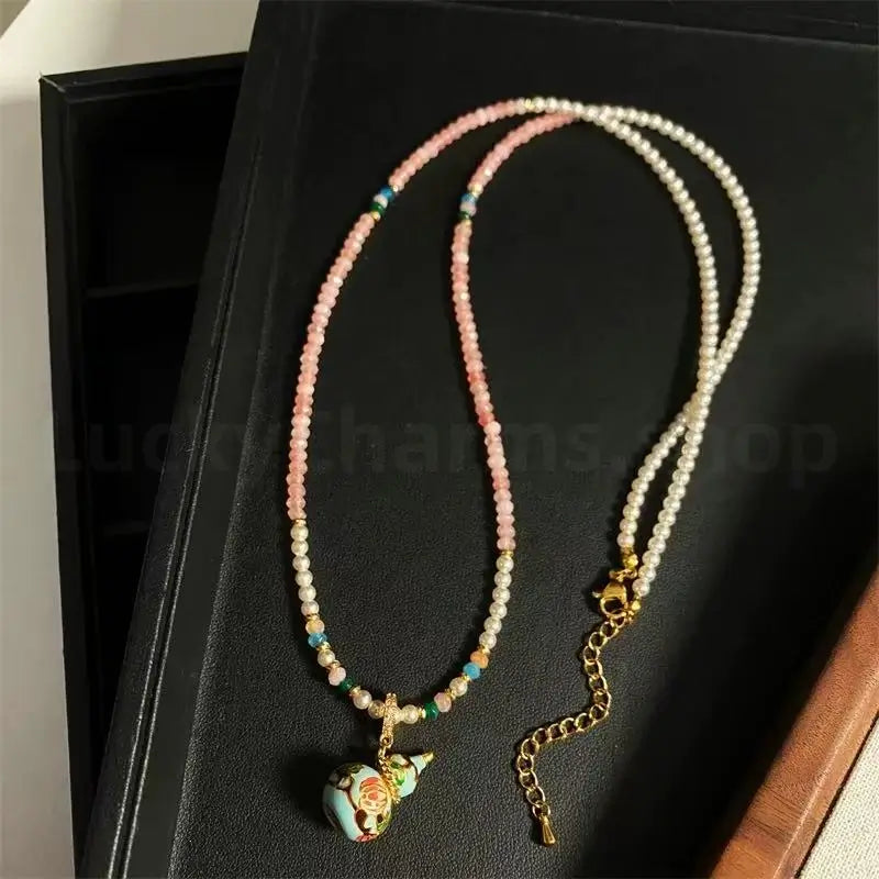 Enamel Gourd Pendant Red Agate Beaded Long Necklace for Luck Success Wealth-LuckyCharms.Shop