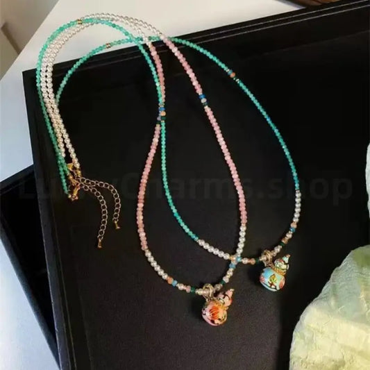 Enamel Gourd Pendant Red Agate Beaded Long Necklace for Luck Success Wealth-LuckyCharms.Shop