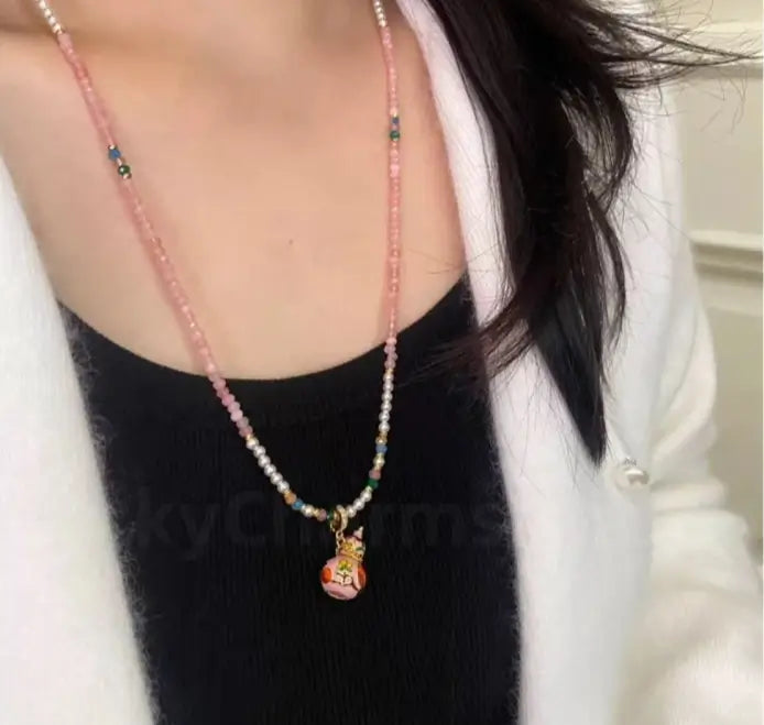Enamel Gourd Pendant Red Agate Beaded Long Necklace for Luck Success Wealth-LuckyCharms.Shop