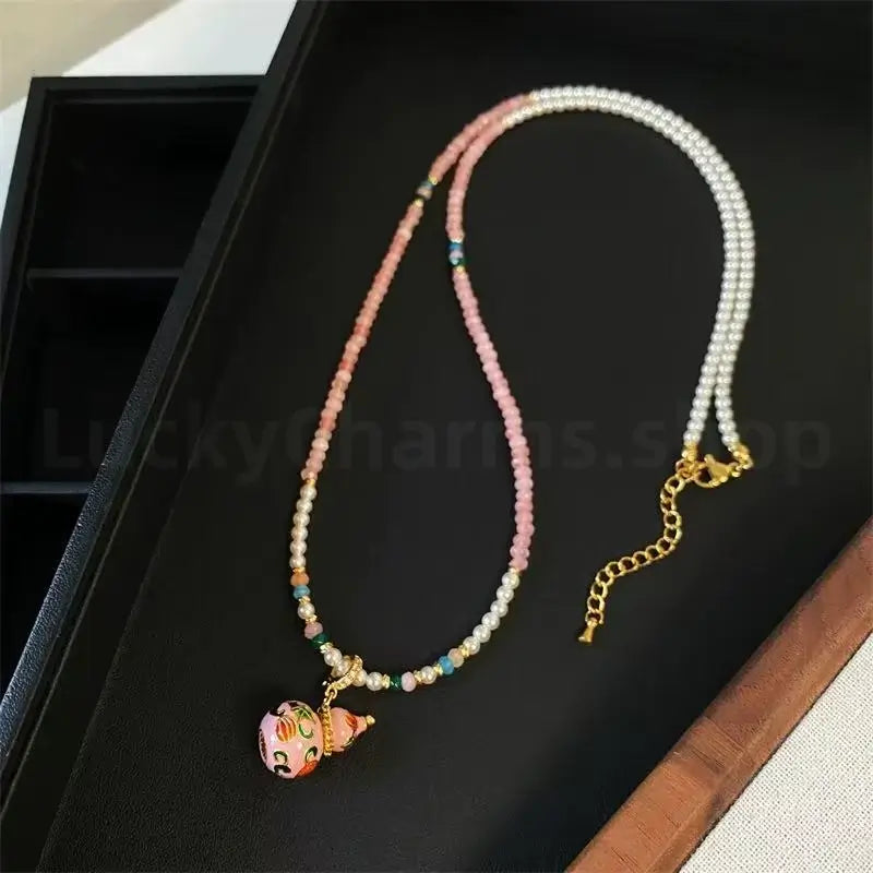 Enamel Gourd Pendant Red Agate Beaded Long Necklace for Luck Success Wealth-LuckyCharms.Shop