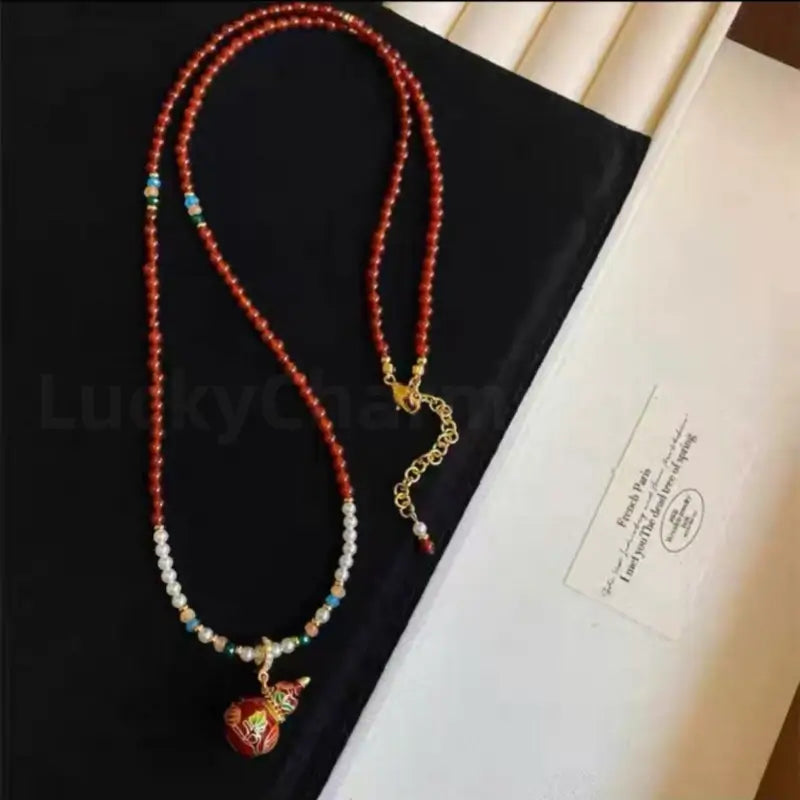 Enamel Gourd Pendant Red Agate Beaded Long Necklace for Luck Success Wealth-LuckyCharms.Shop