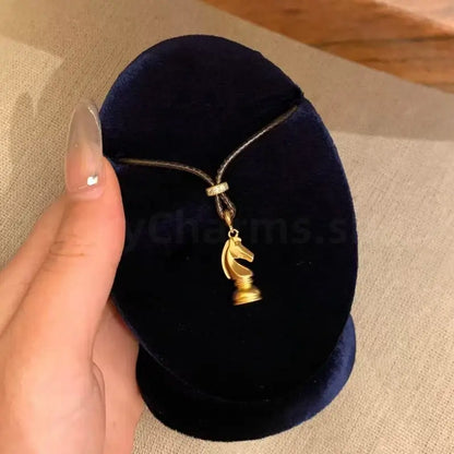 Neo-Chinese Gold-Plated Chess Horse Pendant Wisdom Braided Necklace-LuckyCharms.Shop