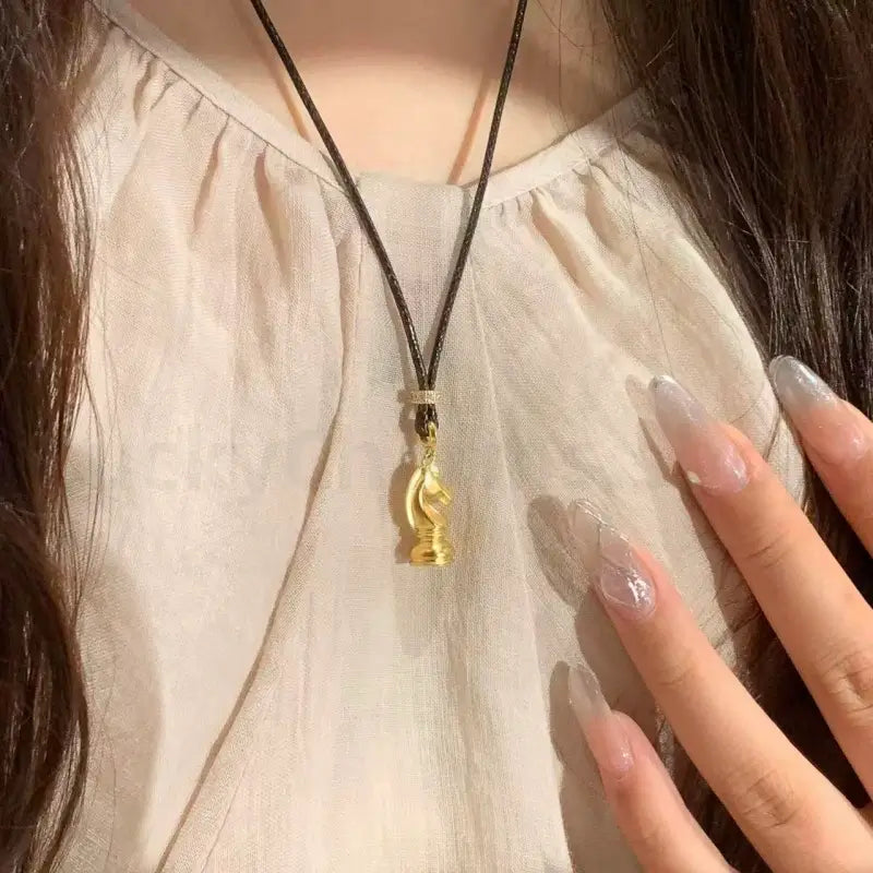Neo-Chinese Gold-Plated Chess Horse Pendant Wisdom Braided Necklace-LuckyCharms.Shop