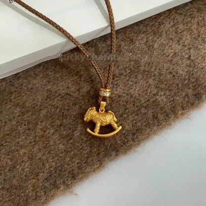 Neo-Chinese Gold-Plated Carousel Pendant Necklace | Adjustable Knitted Cord, Clavicle & Sweater Chain-LuckyCharms.Shop