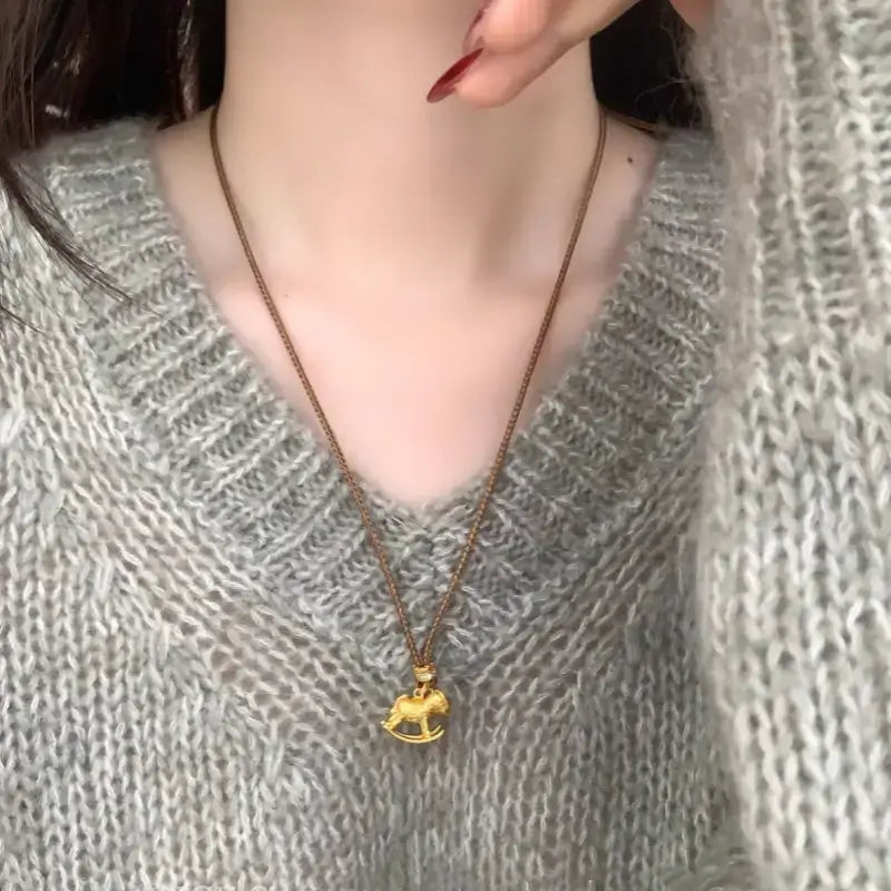 Neo-Chinese Gold-Plated Carousel Pendant Necklace | Adjustable Knitted Cord, Clavicle & Sweater Chain-LuckyCharms.Shop
