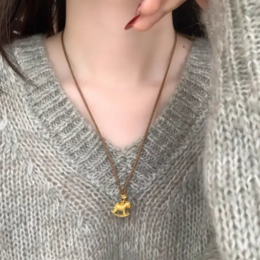 Neo-Chinese Gold-Plated Carousel Pendant Necklace | Adjustable Knitted Cord, Clavicle & Sweater Chain-LuckyCharms.Shop