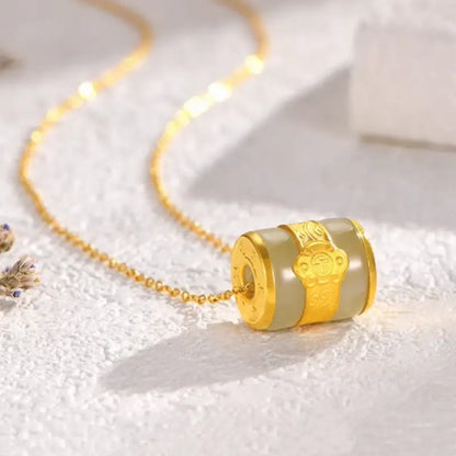 Natural Hetian Jade & Pure Gold Lu Lu Tong Pendant Necklace | Fortune Character, Barrel-Shaped, Elegant Lucky Jewelry for Gifting & Daily Wear