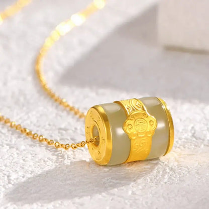 Natural Hetian Jade & Pure Gold Lu Lu Tong Pendant Necklace | Fortune Character, Barrel-Shaped, Elegant Lucky Jewelry for Gifting & Daily Wear