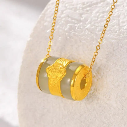 Natural Hetian Jade & Pure Gold Lu Lu Tong Pendant Necklace | Fortune Character, Barrel-Shaped, Elegant Lucky Jewelry for Gifting & Daily Wear