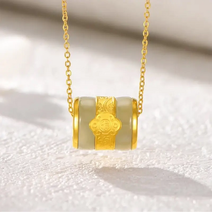 Natural Hetian Jade & Pure Gold Lu Lu Tong Pendant Necklace | Fortune Character, Barrel-Shaped, Elegant Lucky Jewelry for Gifting & Daily Wear
