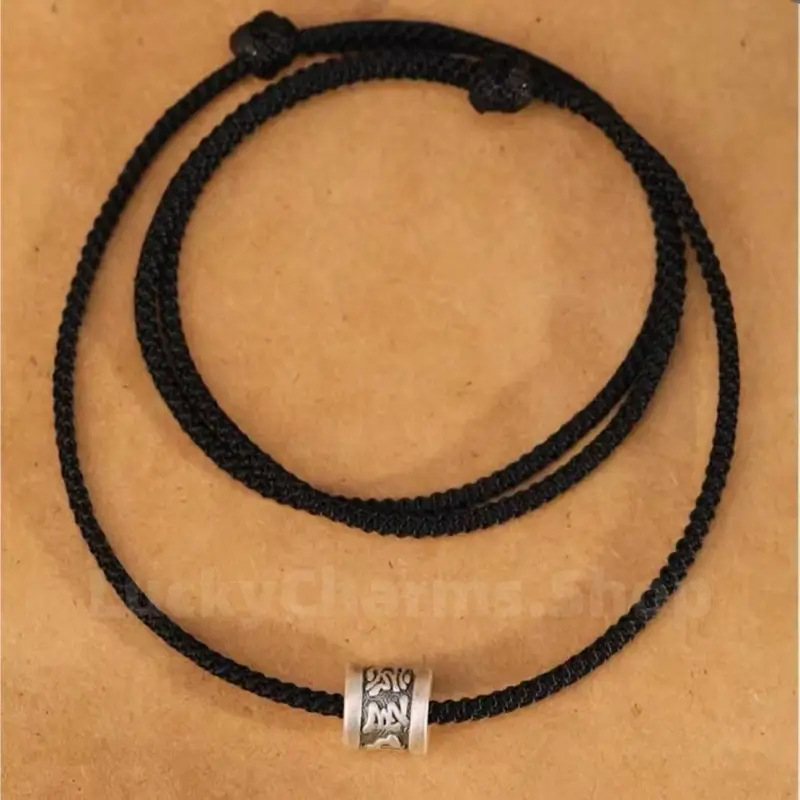 Om Mami Padme Hūm Six-Syllable Mantra Silver Fortune-Turning Bead Pendant Necklace-LuckyCharms.Shop