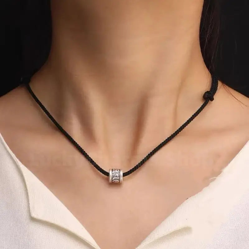 Om Mami Padme Hūm Six-Syllable Mantra Silver Fortune-Turning Bead Pendant Necklace-LuckyCharms.Shop