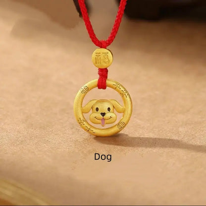 中国の十二支 925 シルバーメッキ ゴールド ピースバックル ペンダントネックレス | 祝福の赤い紐 十二支 誕生日プレゼント