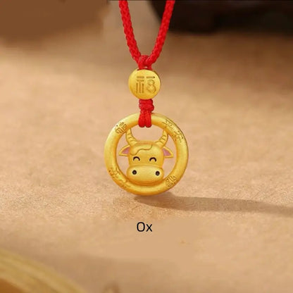 中国の十二支 925 シルバーメッキ ゴールド ピースバックル ペンダントネックレス | 祝福の赤い紐 十二支 誕生日プレゼント