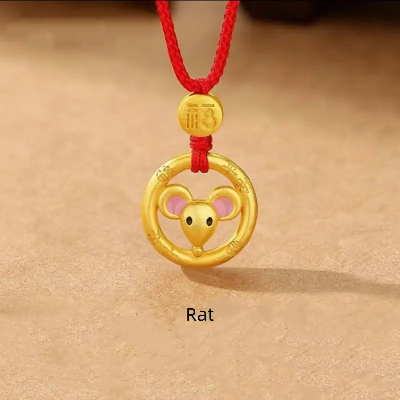中国の十二支 925 シルバーメッキ ゴールド ピースバックル ペンダントネックレス | 祝福の赤い紐 十二支 誕生日プレゼント