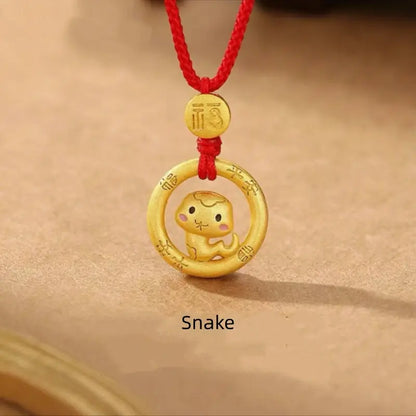 中国の十二支 925 シルバーメッキ ゴールド ピースバックル ペンダントネックレス | 祝福の赤い紐 十二支 誕生日プレゼント