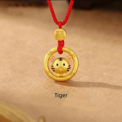 中国の十二支 925 シルバーメッキ ゴールド ピースバックル ペンダントネックレス | 祝福の赤い紐 十二支 誕生日プレゼント