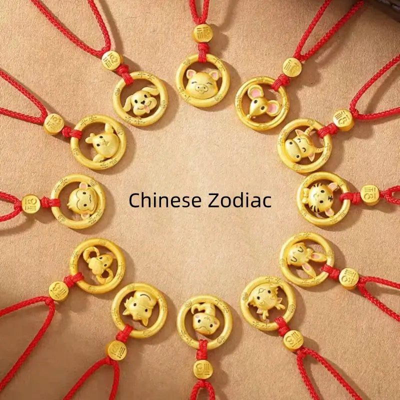 中国の十二支 925 シルバーメッキ ゴールド ピースバックル ペンダントネックレス | 祝福の赤い紐 十二支 誕生日プレゼント