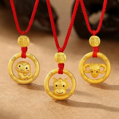 中国の十二支 925 シルバーメッキ ゴールド ピースバックル ペンダントネックレス | 祝福の赤い紐 十二支 誕生日プレゼント