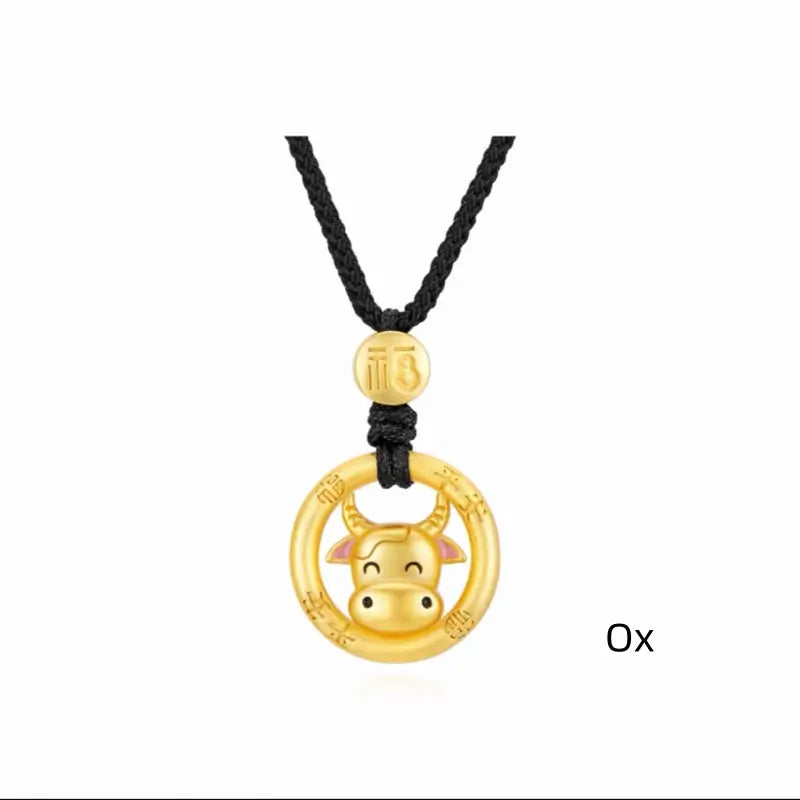 キュートな中国の十二支 925 シルバーメッキ ゴールド ピースバックル ペンダントネックレス | エレガントなブラックコード