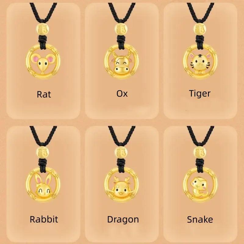キュートな中国の十二支 925 シルバーメッキ ゴールド ピースバックル ペンダントネックレス | エレガントなブラックコード