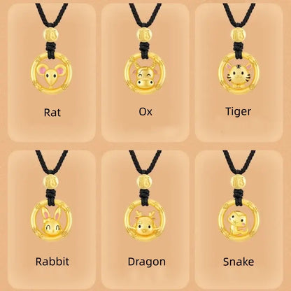 キュートな中国の十二支 925 シルバーメッキ ゴールド ピースバックル ペンダントネックレス | エレガントなブラックコード