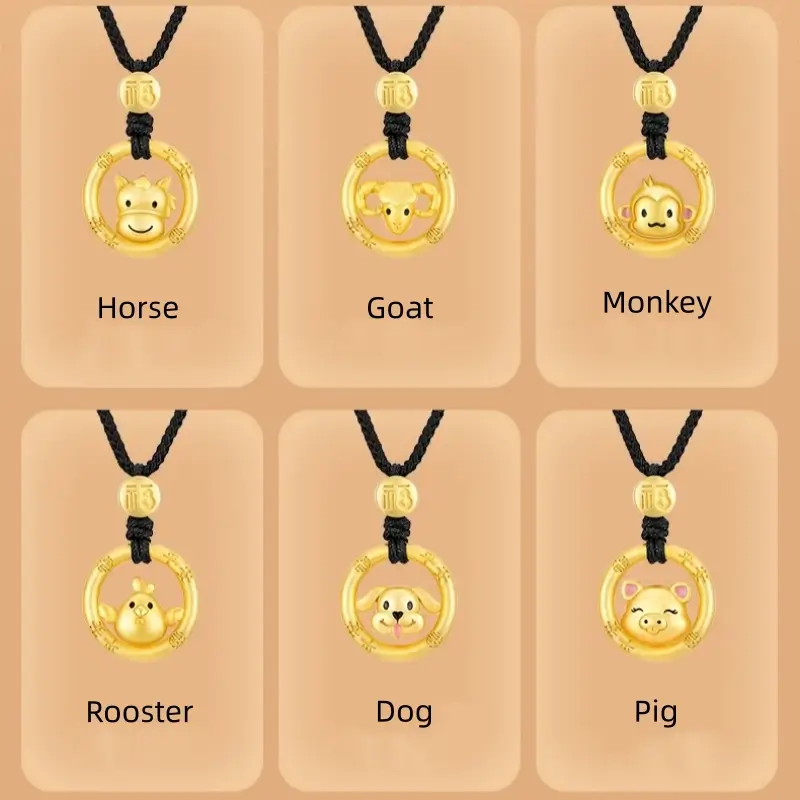 キュートな中国の十二支 925 シルバーメッキ ゴールド ピースバックル ペンダントネックレス | エレガントなブラックコード