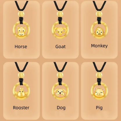 キュートな中国の十二支 925 シルバーメッキ ゴールド ピースバックル ペンダントネックレス | エレガントなブラックコード