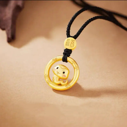 キュートな中国の十二支 925 シルバーメッキ ゴールド ピースバックル ペンダントネックレス | エレガントなブラックコード