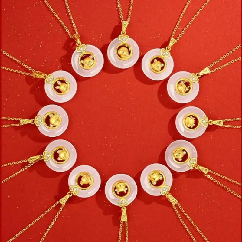 中国の十二支 999 シルバーメッキ ゴールド カルセドニー ピースバックル ペンダントネックレス | 十二支ギフト